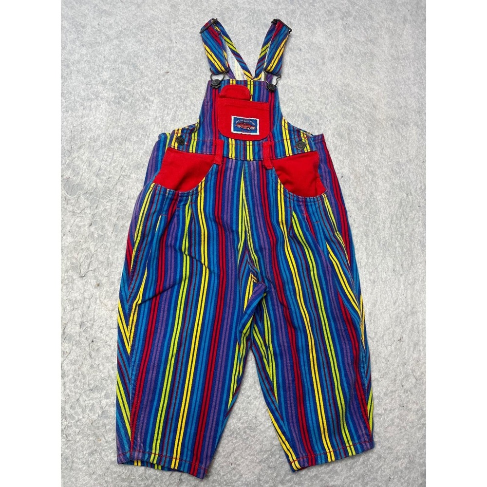 VTG The Childrens Place Kids‎ Striped Overalls Red Blue Yellow 24-30 Months rare